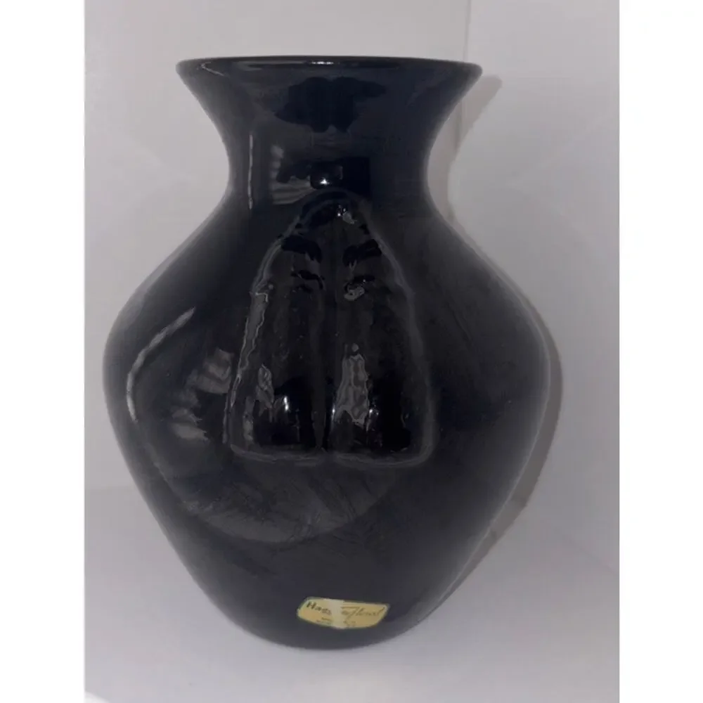 VTG 1980s Haeger Floral Glossy Black Ceramic Vase Tassel Design